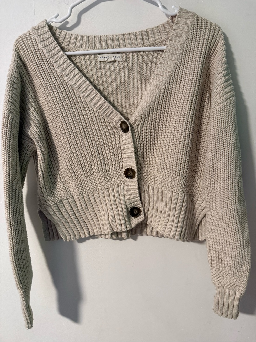 Aeropostale Beige Cropped V-Neck Button Cardigan